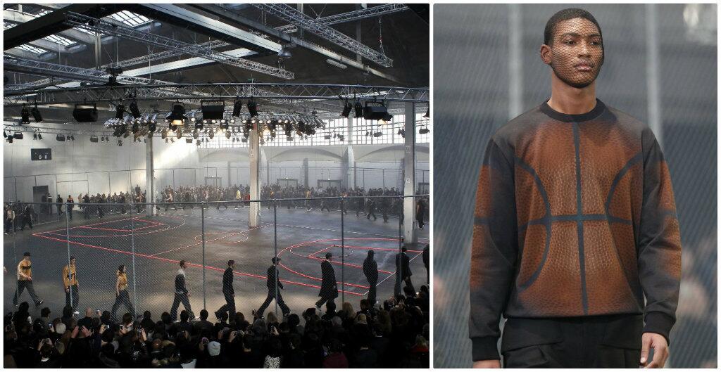 At left, the basketball court/runway at the Givenchy menswear fall-winter 2014-15 runway show. At right, a look from Riccardo Tisci's basketball-inspired collection shown during Paris Men's Fashion Week.