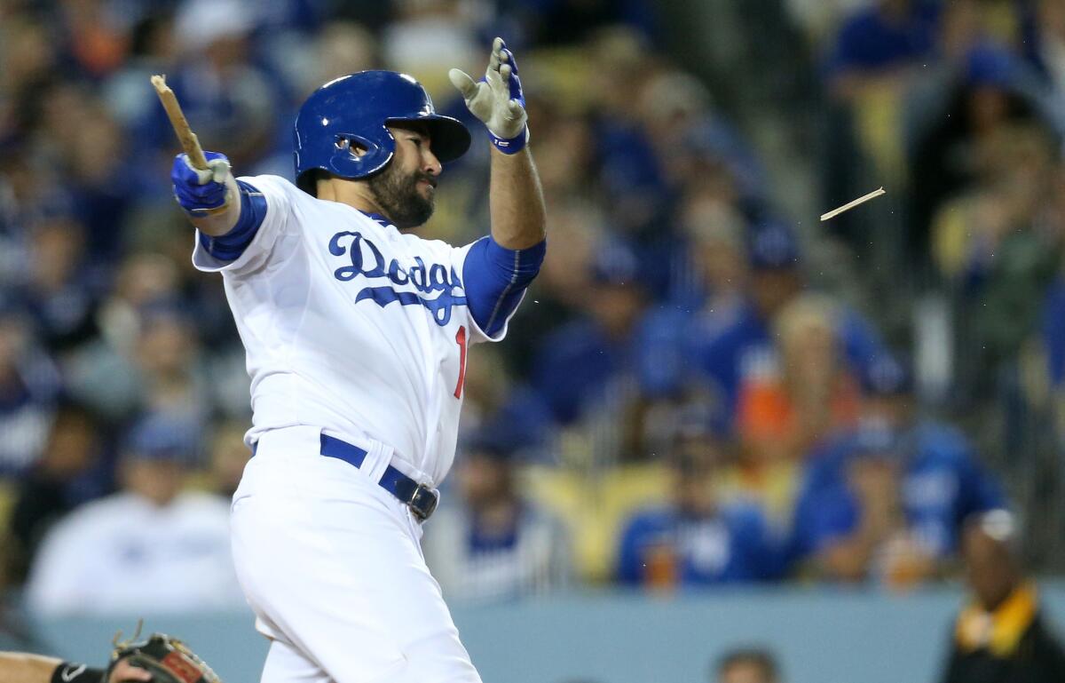 Dodgers outfielder Andre Ethier breaks his bat as he hits a two-run single in the sixth inning against Miami. The Dodgers beat the Marlins, 11-1.