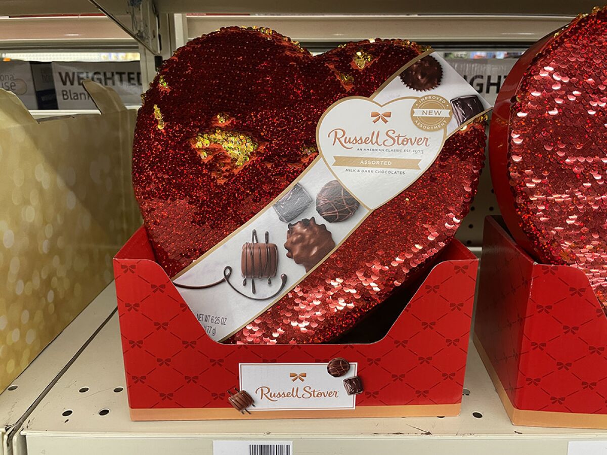 A sequined box of Valentine's Day chocolates