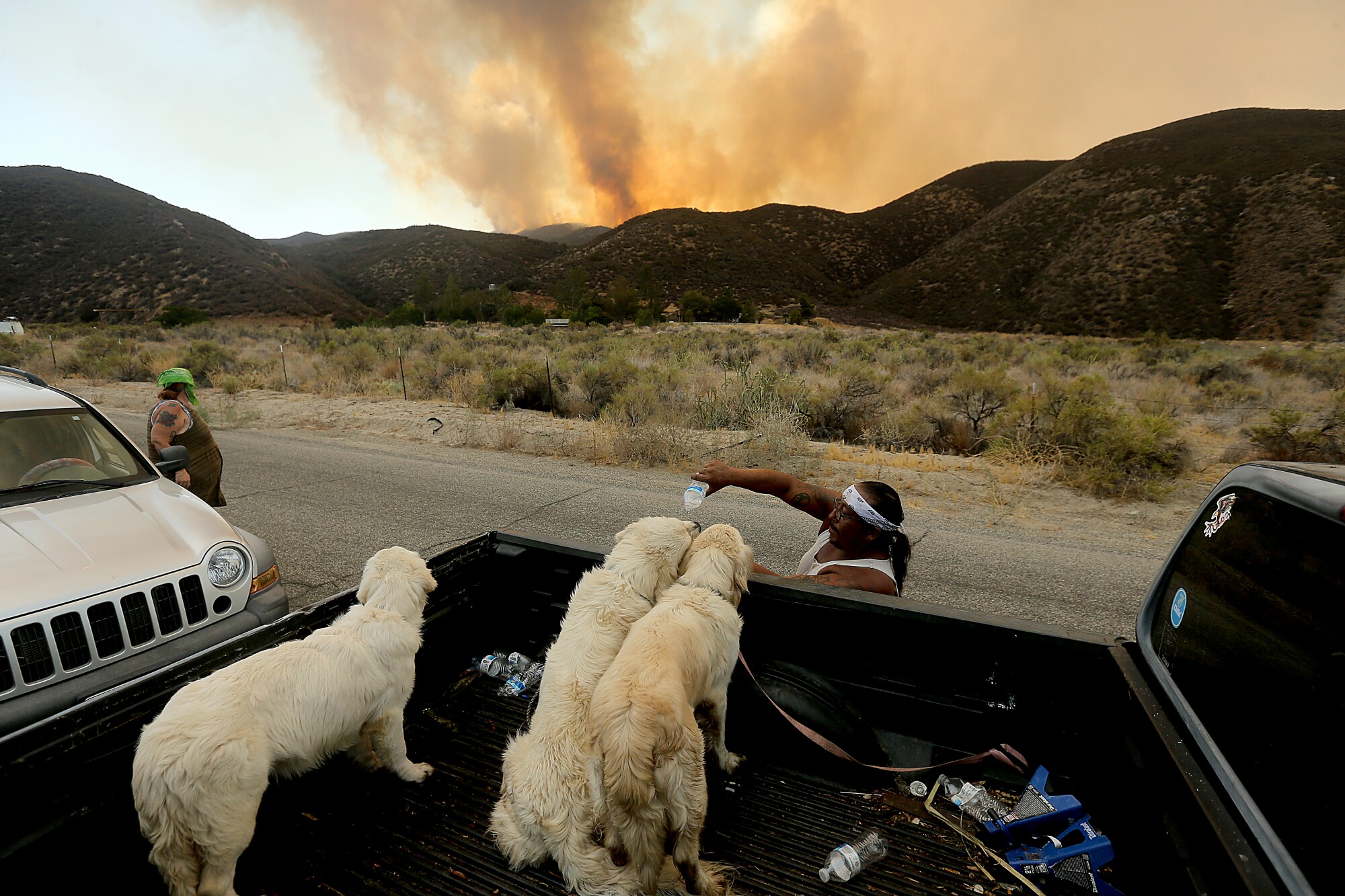 Robert Monje gives water to his dogs after evacuating  