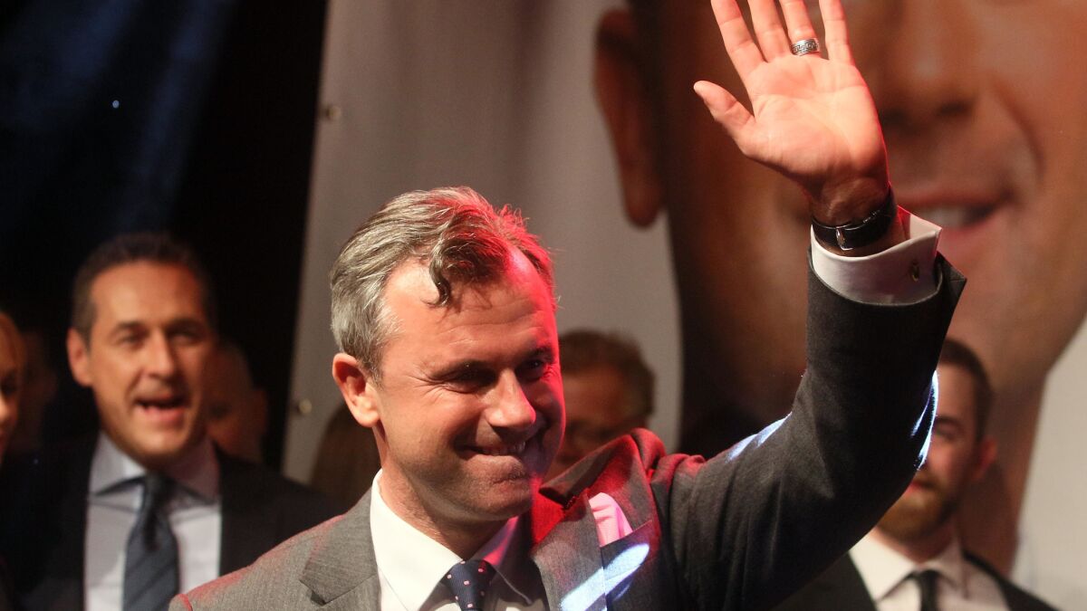 Norbert Hofer, whose campaign appeals have been compared to Donald Trump's, at election party in Vienna.