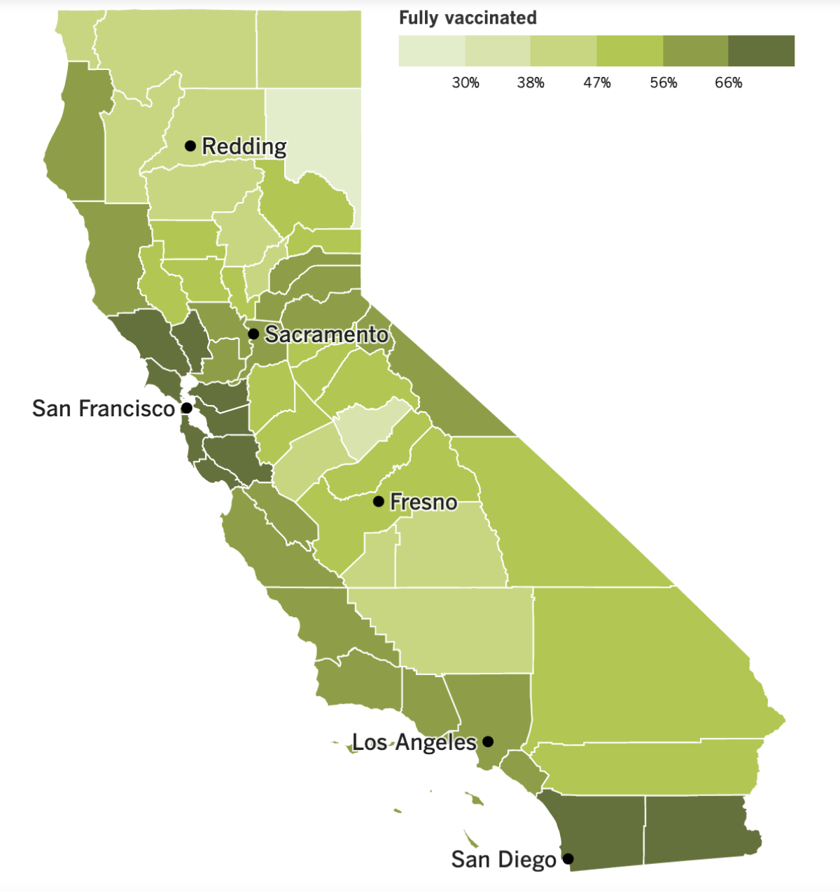 A map showing California's COVID-19 vaccination rates by county.