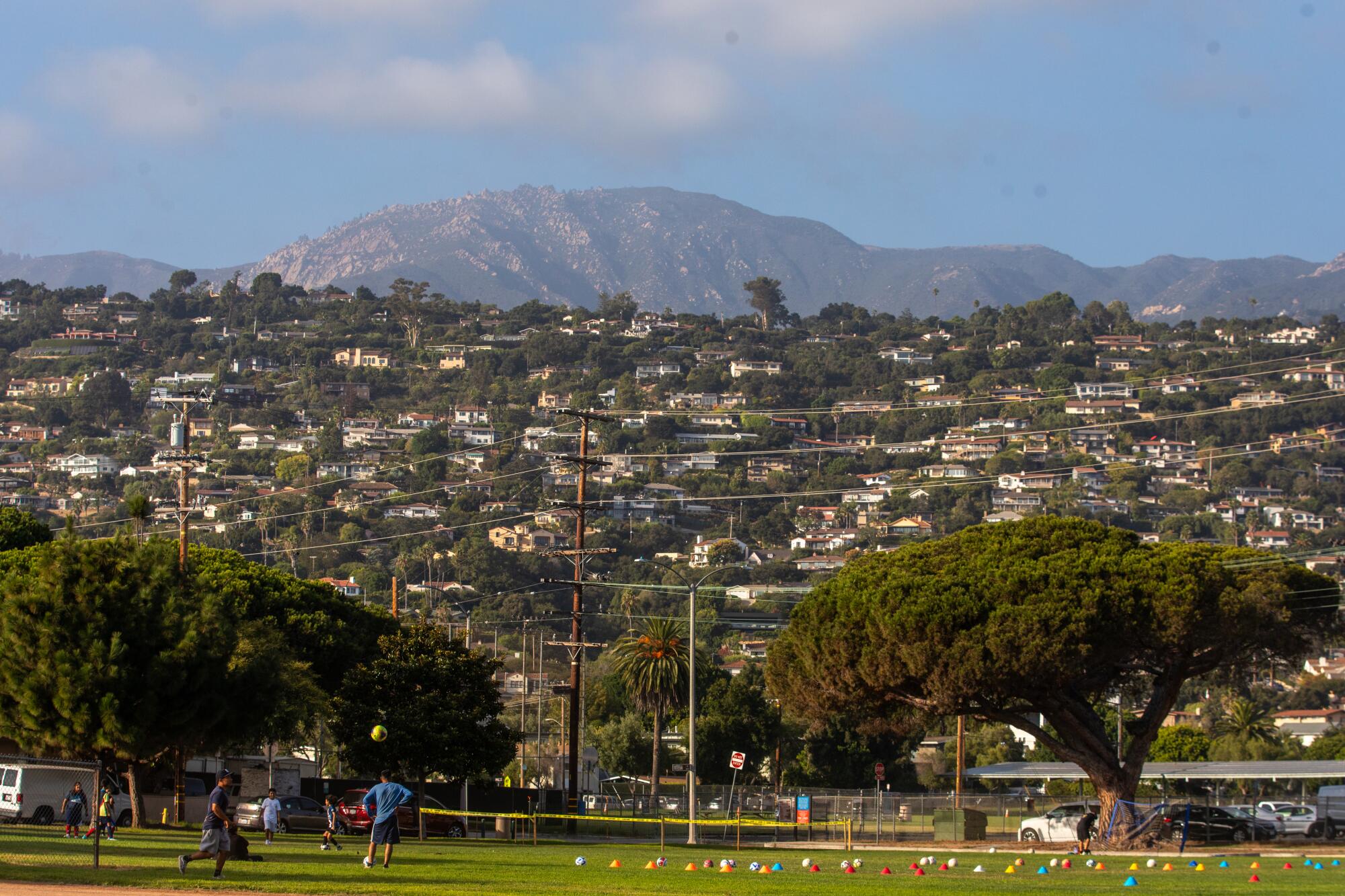 Soccer players practice in Ortega Park in Santa Barbara.