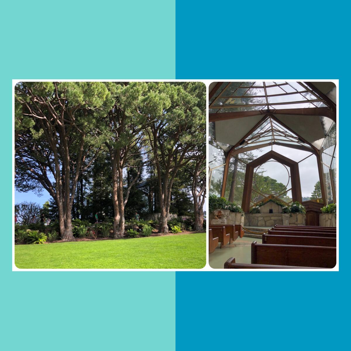 Two photos: Trees obscure the chapel from the outside and an inside view of the glass chapel 