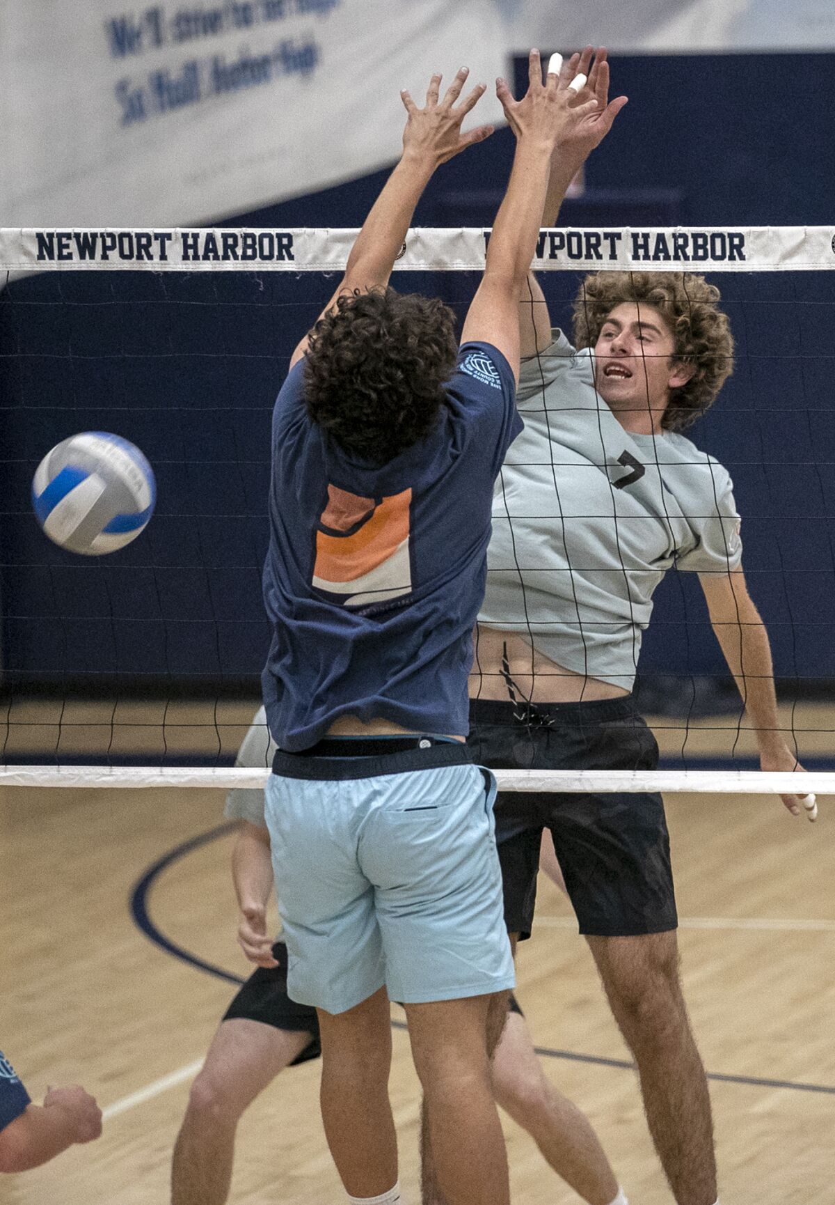 Edison's Emerson Evans hits during the Orange County All-Star boys' volleyball match on Tuesday.