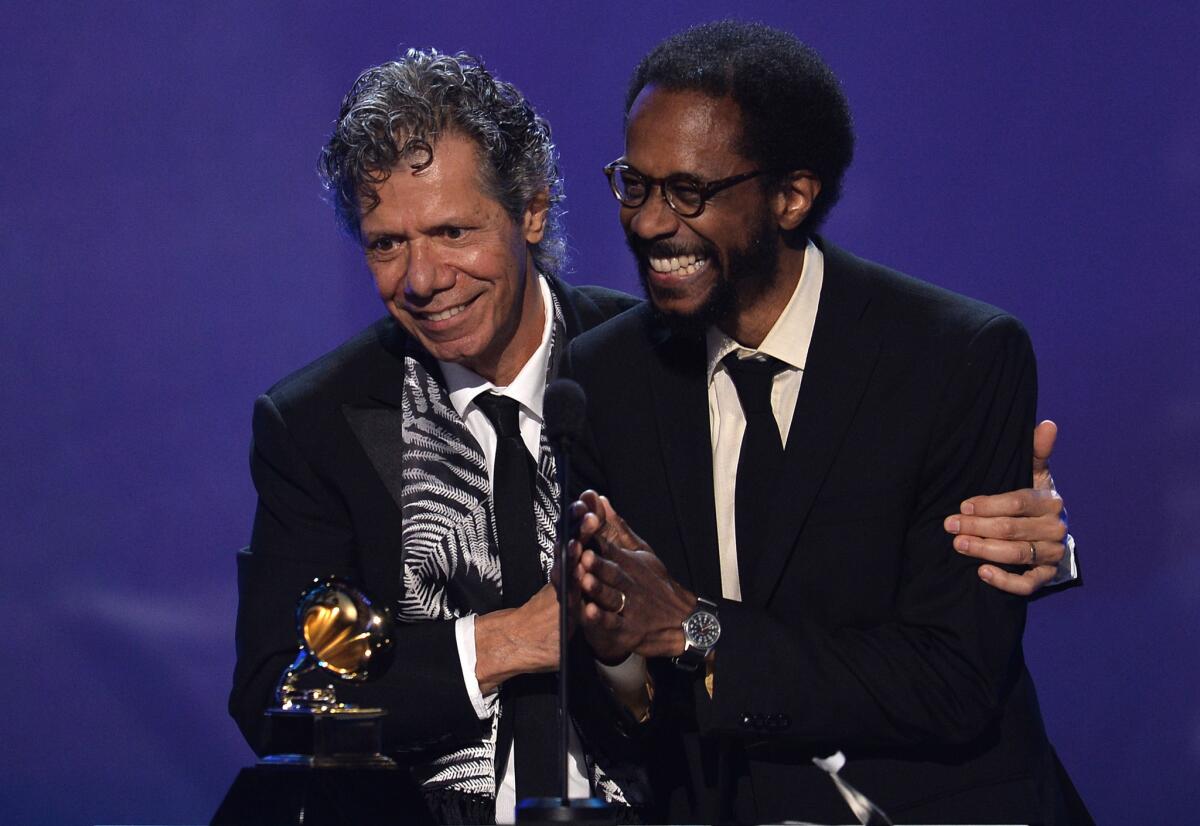 Chick Corea and drummer Brian Blade accept the award for jazz instrumental album.