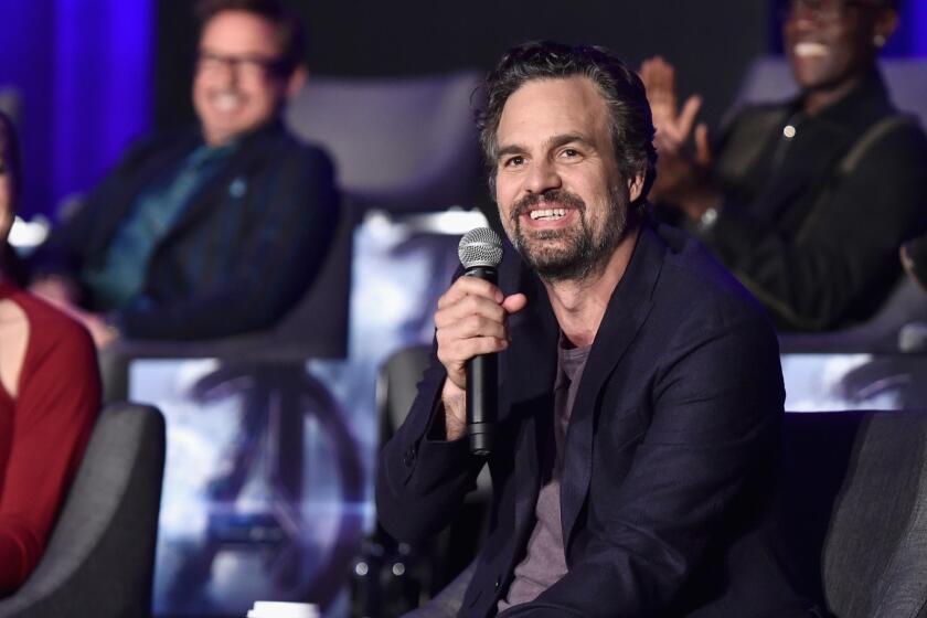 LOS ANGELES, CA - APRIL 07: (L-R) Brie Larson, Robert Downey Jr., Mark Ruffalo and Don Cheadle speak onstage during Marvel Studios' "Avengers: Endgame" Global Junket Press Conference at the InterContinental Los Angeles Downtown on April 7, 2019 in Los Angeles, California. (Photo by Alberto E. Rodriguez/Getty Images for Disney) ** OUTS - ELSENT, FPG, CM - OUTS * NM, PH, VA if sourced by CT, LA or MoD **