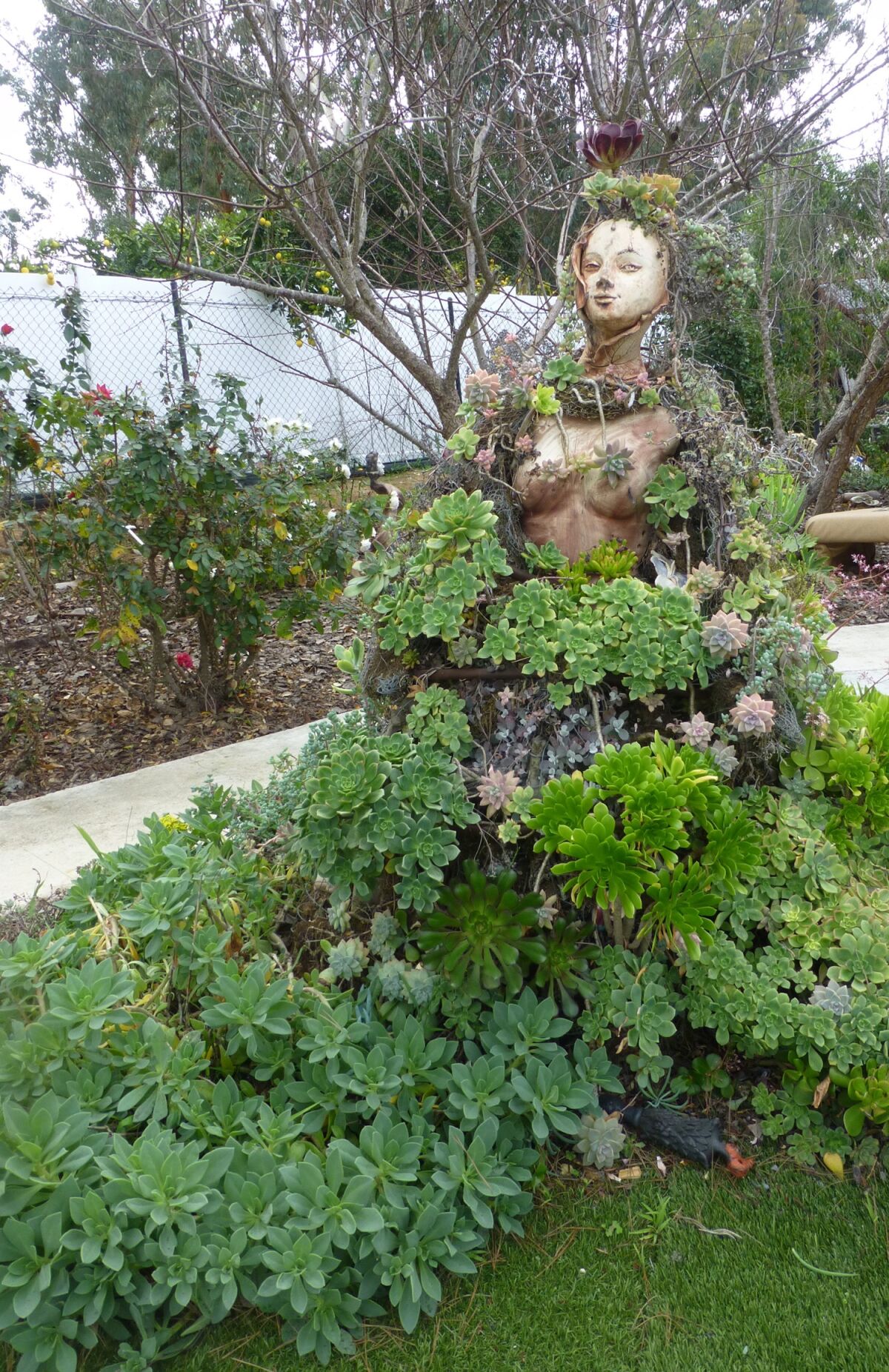 A ceramic statue of a woman in a garden has plants growing from it.
