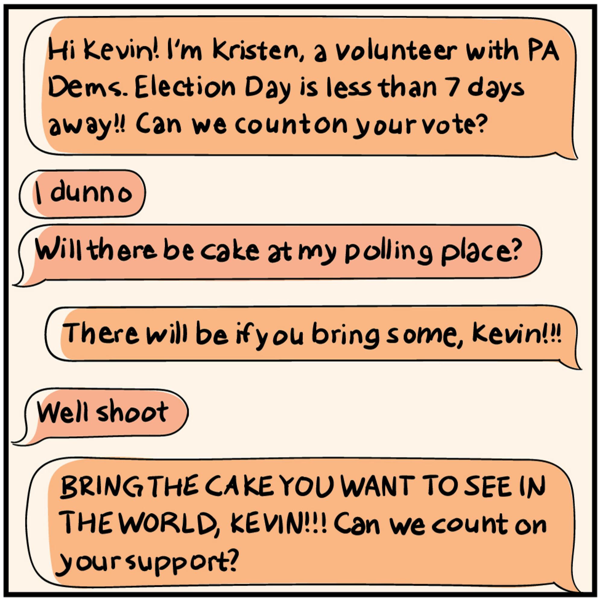 Comic panel of an enthusiastic text exchange about voting using all caps and multiple exclamation points