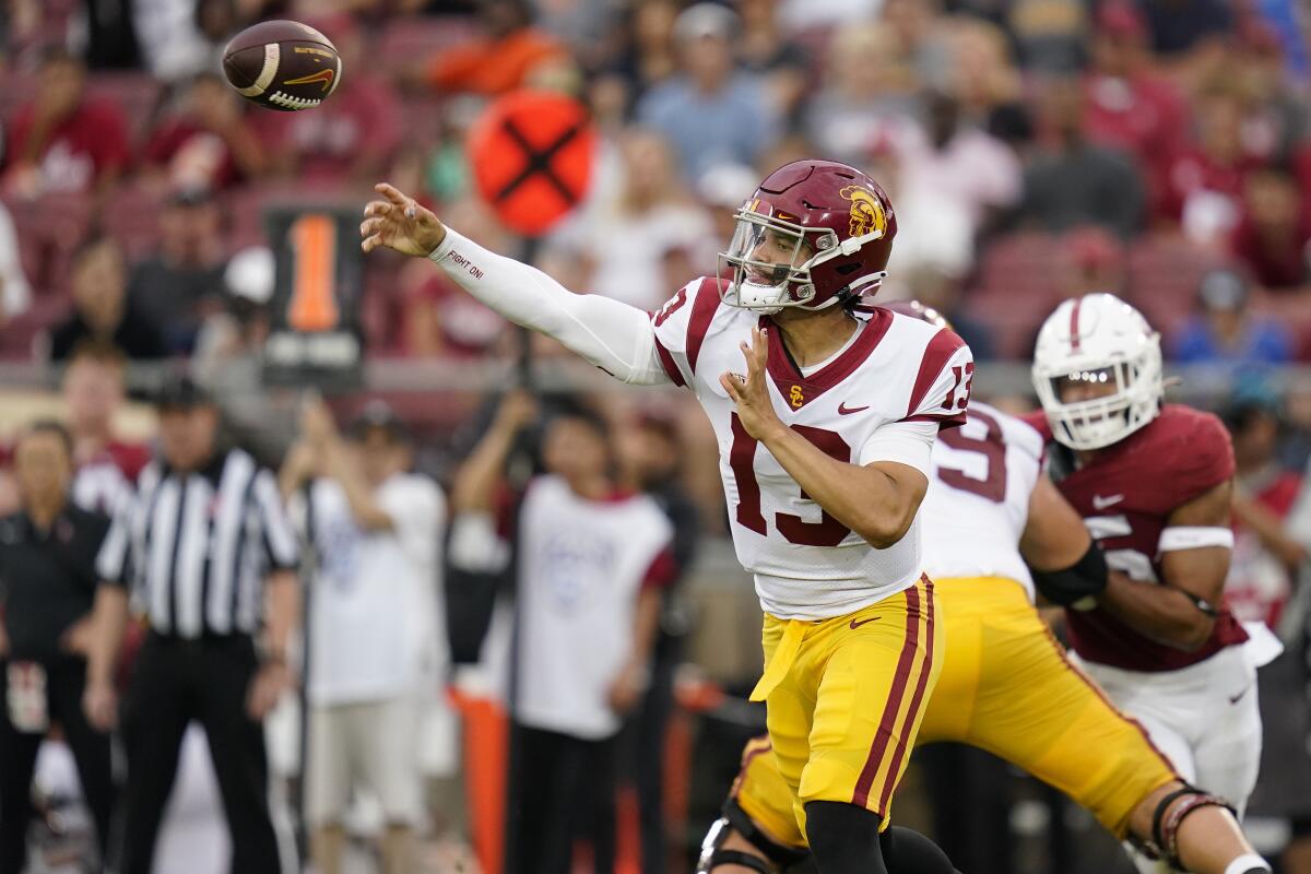 USC quarterback Caleb Williams throws a pass against Stanford on Saturday.
