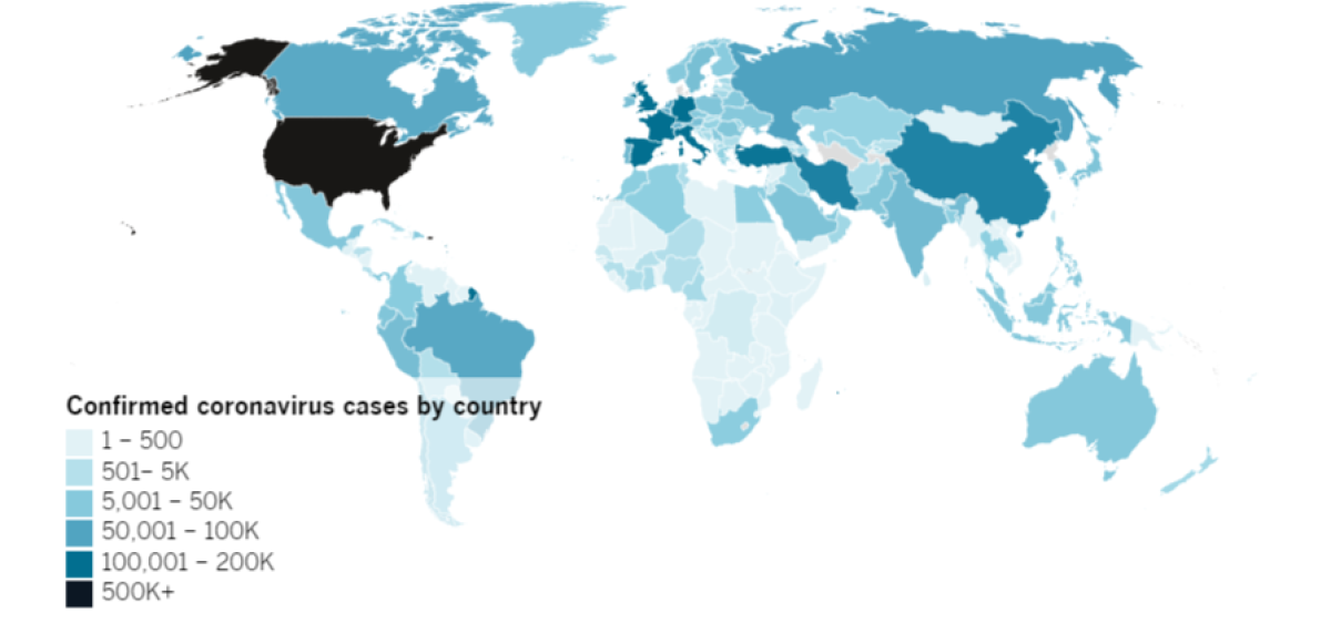 Confirmed COVID-19 cases by country as of 5 p.m. PDT Tuesday, April 21. Click to see the map from Johns Hopkins CSSE.