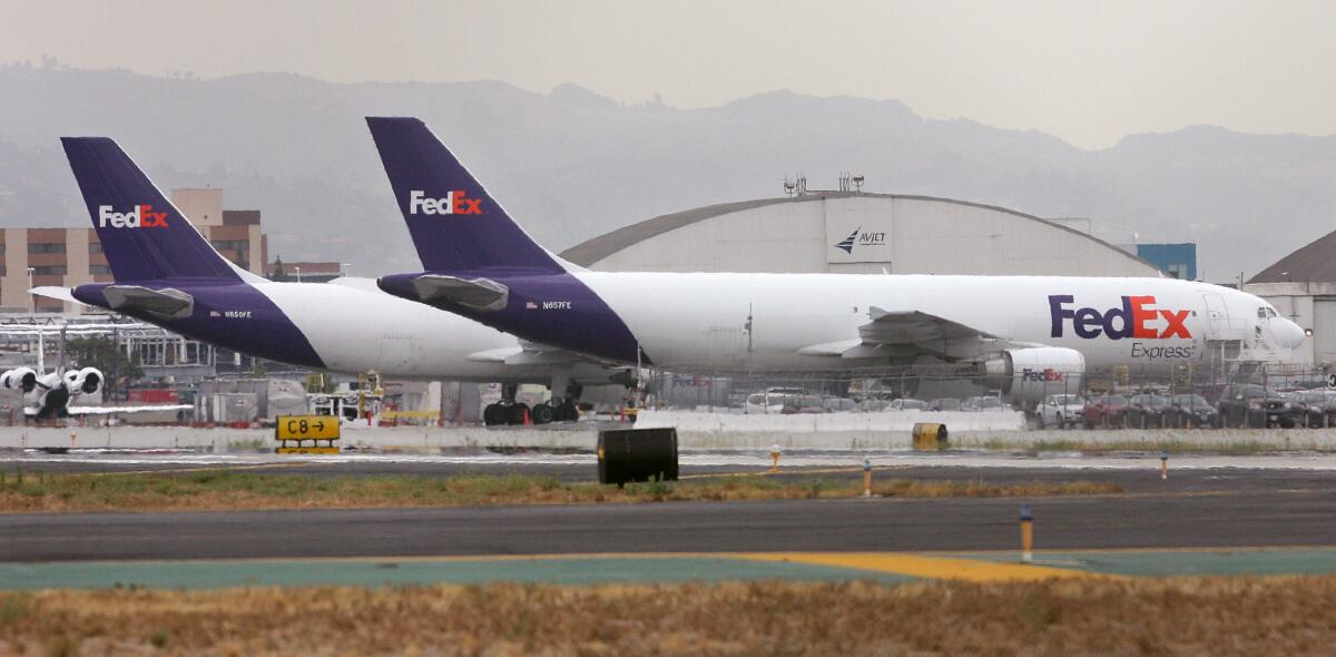 Fedex planes parked on the tarmac at Bob Hope Airport, photographed on Wednesday, July 10, 2013. The U.S. House of Representatives on Tuesday, June 10, 2014, narrowly defeated an amendment to an appropriations act that would have allowed the Bob Hope Airport to adopt a mandatory curfew.