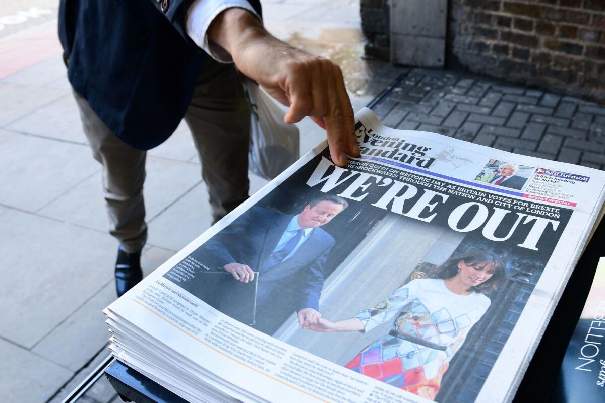 The front page of the London Evening Standard on Friday featured the resignation of British Prime Minister David Cameron and the vote to leave the EU.