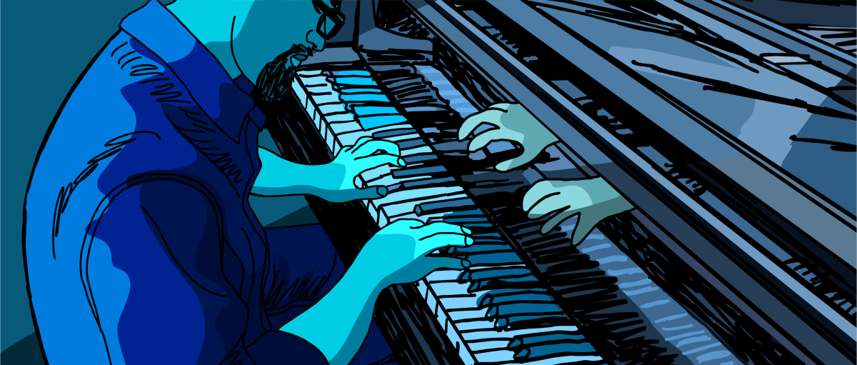 A hand-drawn frame from "They Shot the Piano Player" depicts a bossa nova pianist bathed in blue light.