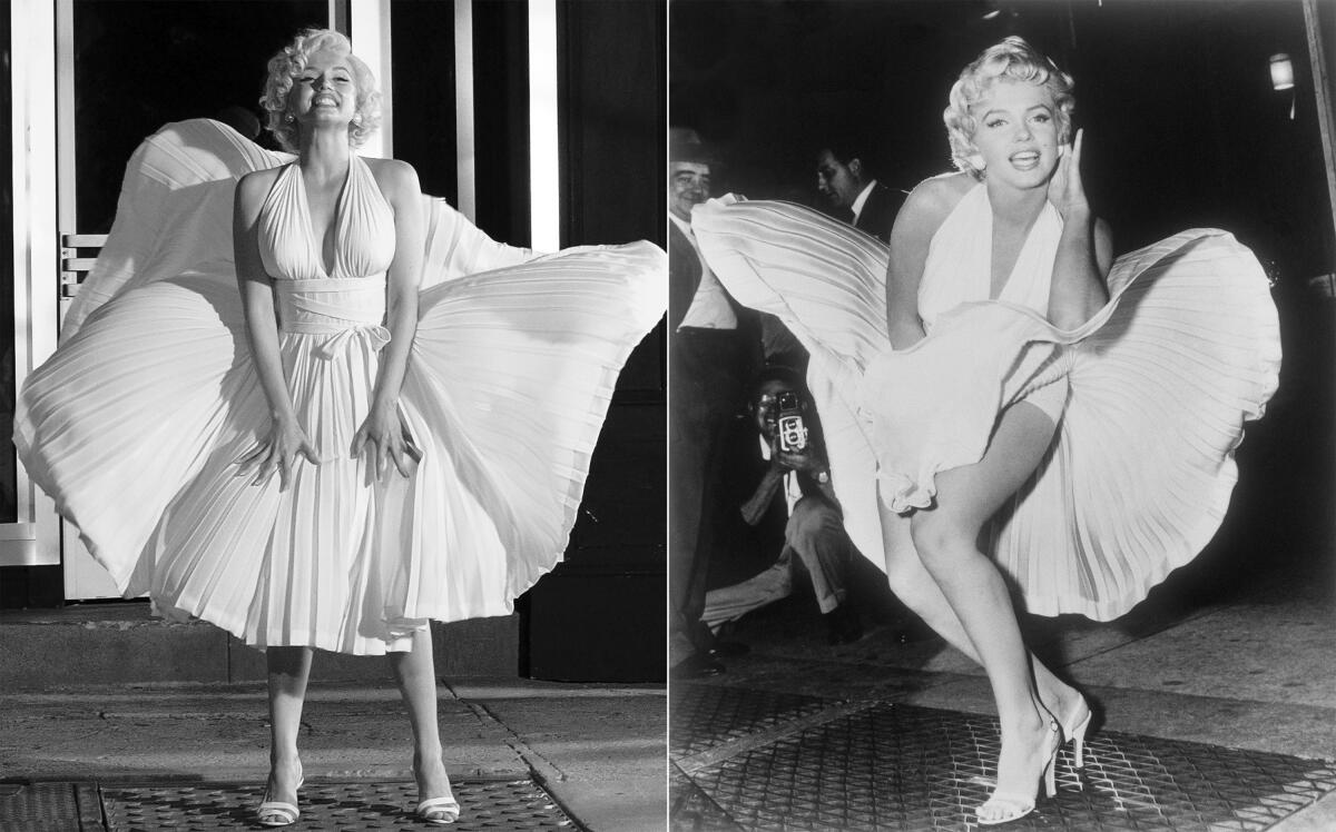 En esta combinación de fotografías, Ana de Armas como Marilyn Monroe