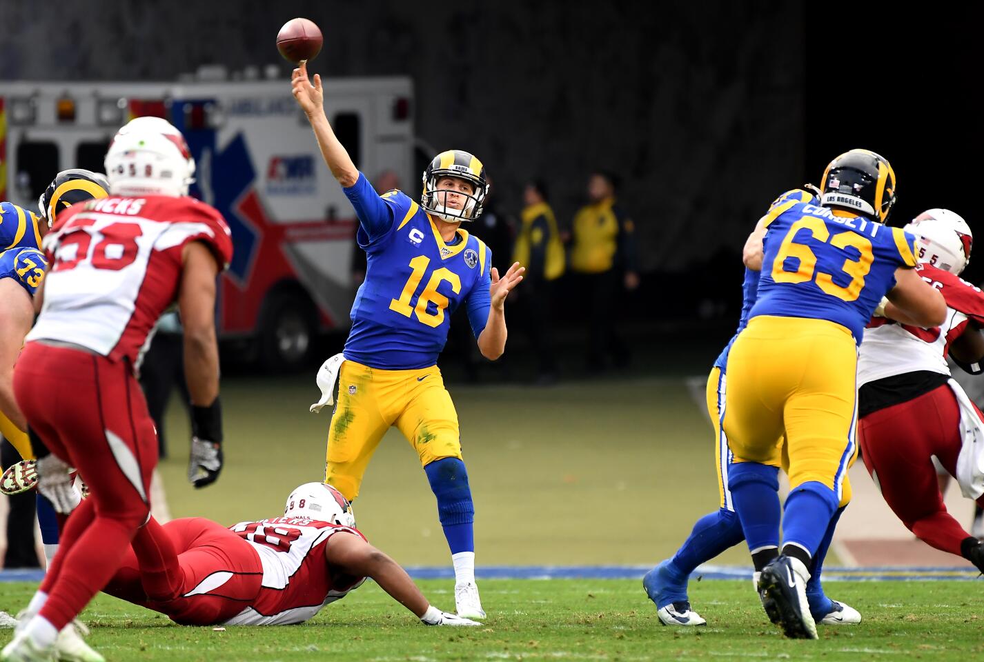 Rams quarterback Jared Goff throws a pass against the Arizona Cardinals in the third quarter.