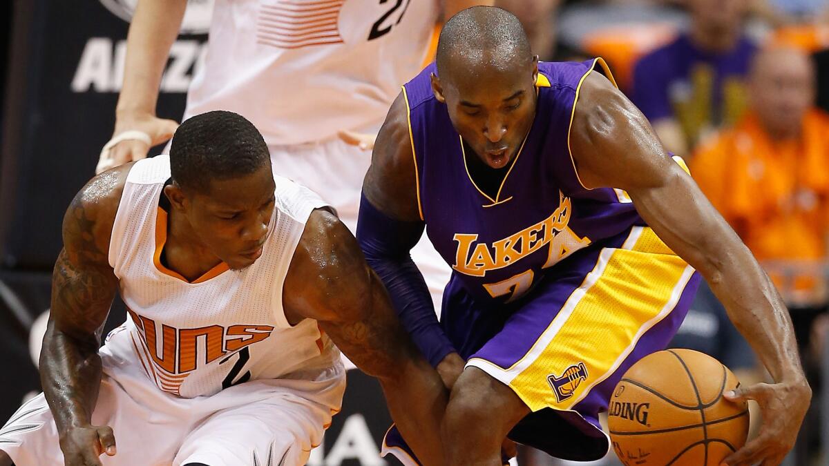 Kobe Bryant tries to prevent Eric Bledsoe from stealing the ball during the Lakers' 119-99 loss to the Suns in Phoenix on Oct. 29