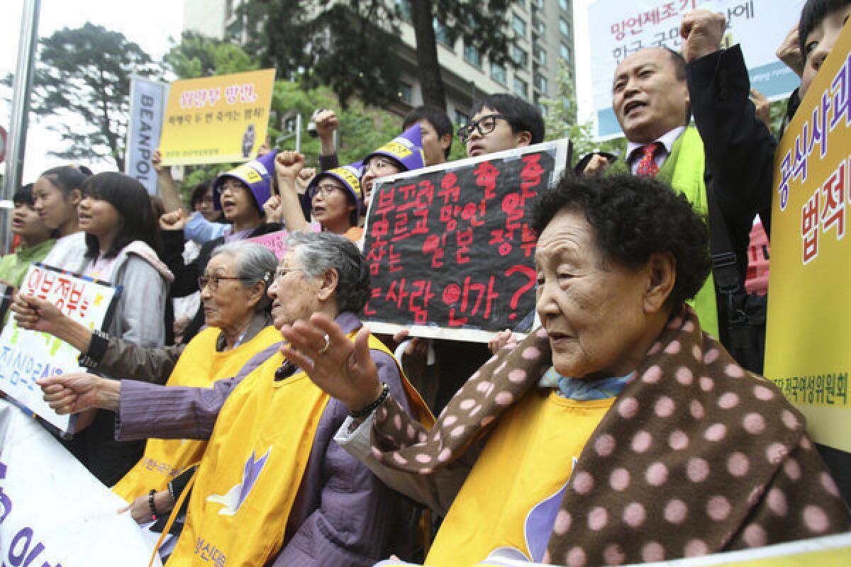 South Korean women used as sex slaves by Japanese soldiers during World War II rallied outside the Japanese Embassy in Seoul to protest Japanese politicians' recent comments diminishing their abuse. The plight of the so-called comfort women is a subject of the novel "Sunday Girl" by Korean American writer Kalliope Lee.