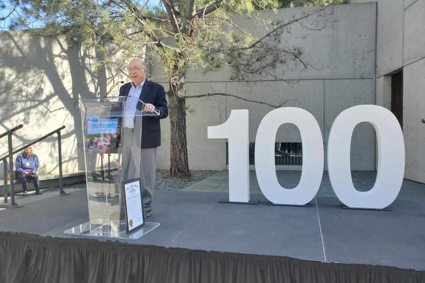 Scripps Research president Peter Schultz addresses staff and students in honor of the institution's centennial.