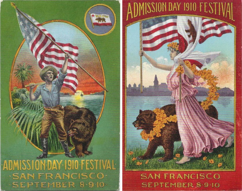 A postcard shows a man holding a flag next to a bear. In another, a woman holds two flags and leads a bear on a leash.