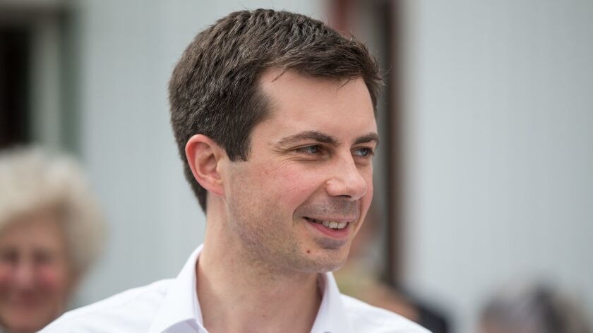 Pete Buttigieg attends a campaign stop at Stonyfield Farms on April 19 in Londonderry, N.H.