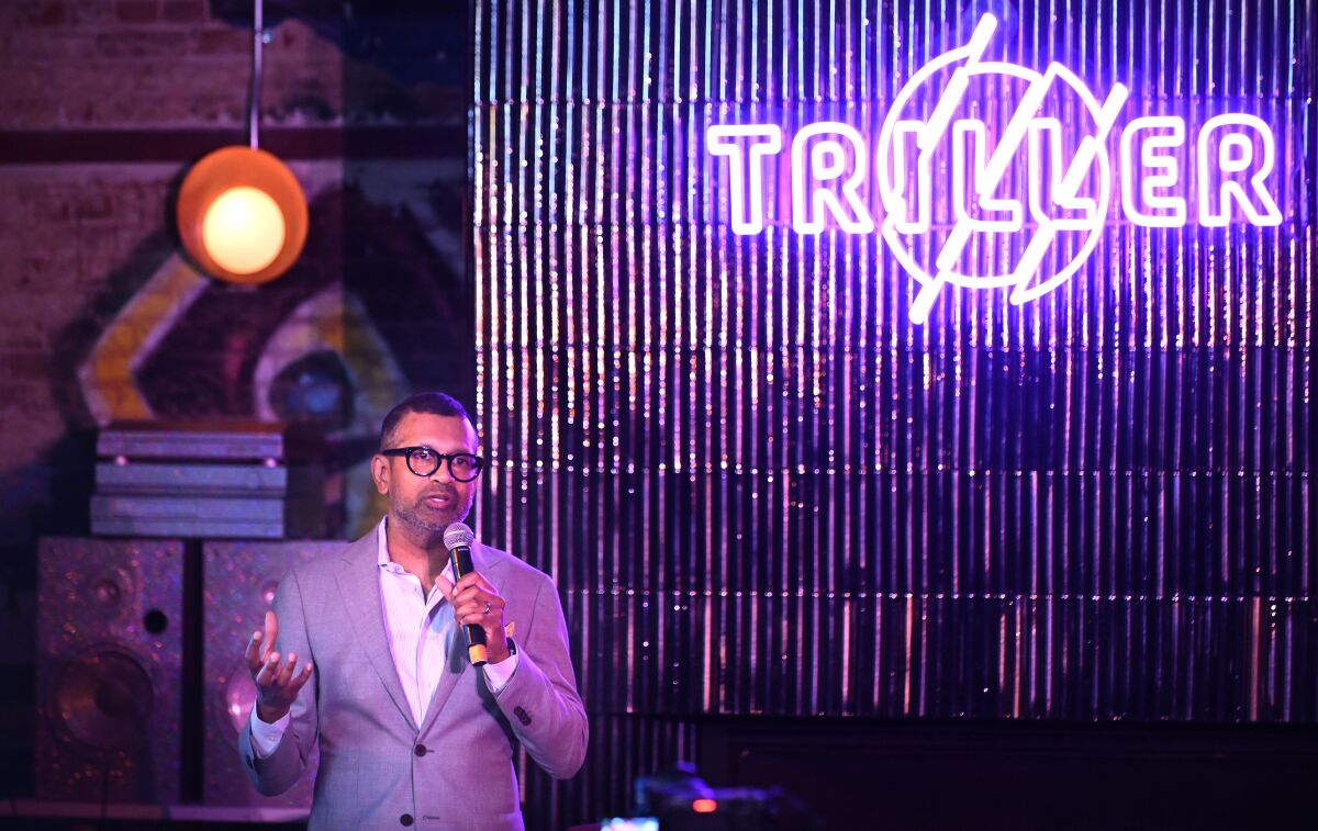 Triller Chief Executive Mahi de Silva speaks to influencers and guests during an event for Black creators in Los Angeles.
