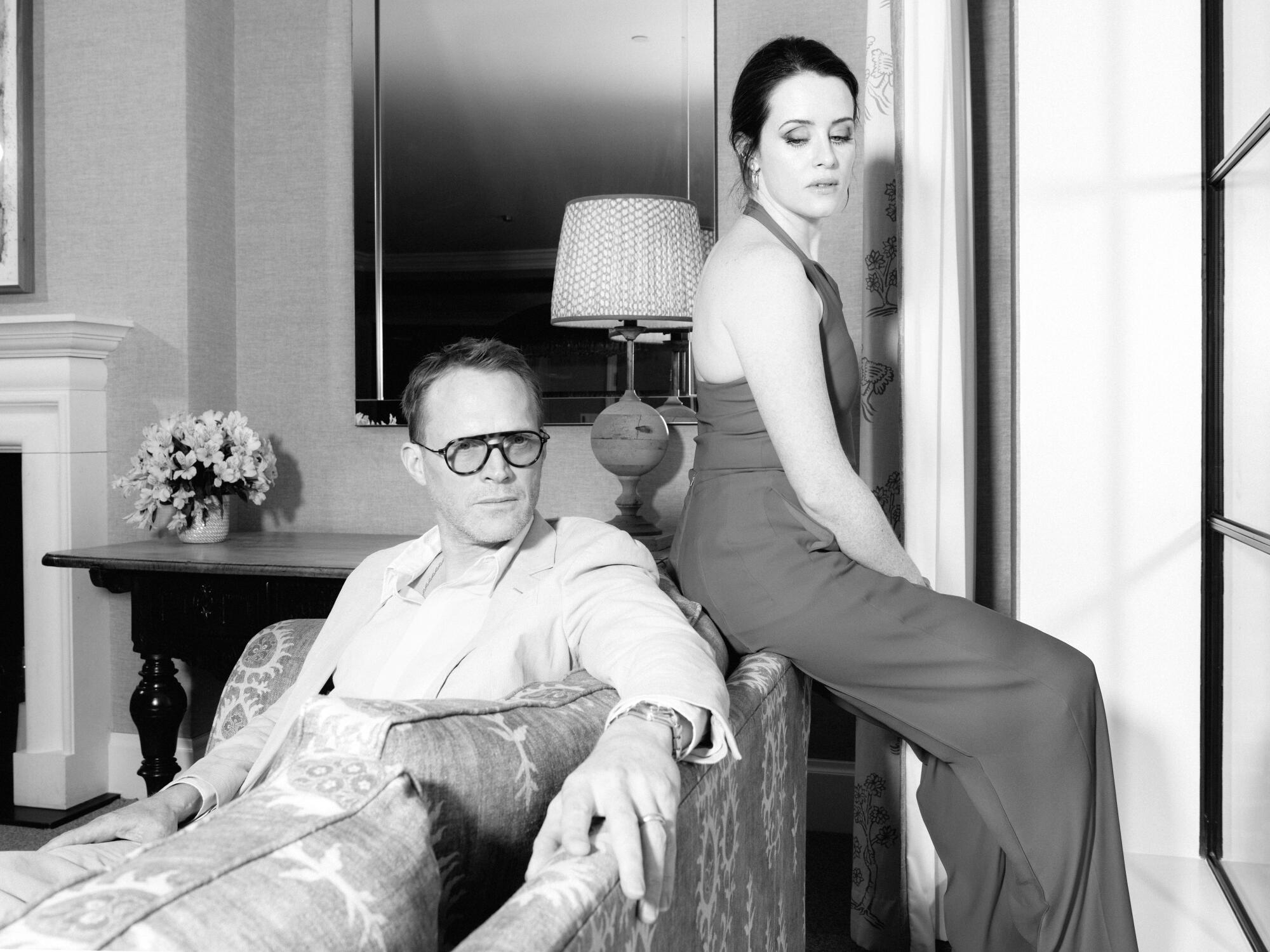 Paul Bettany and Claire Foy photographed at Crosby Street Hotel. 