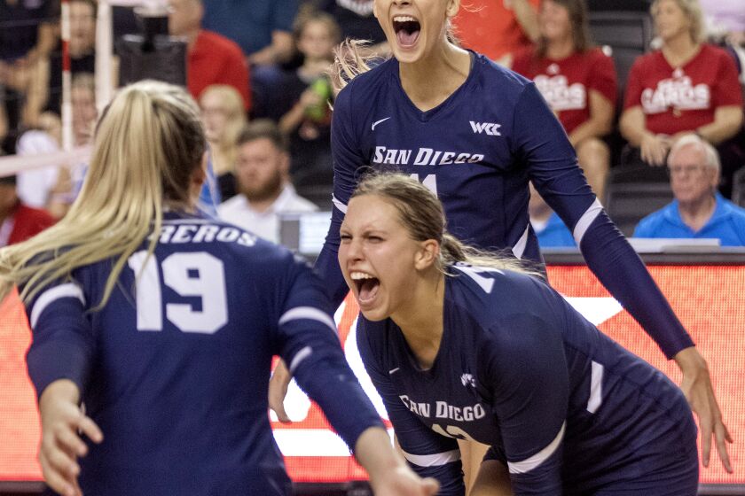 Grace Frohling and Gabby Blossom for Don Norcross' story on University of San Diego volleyball on 091622.