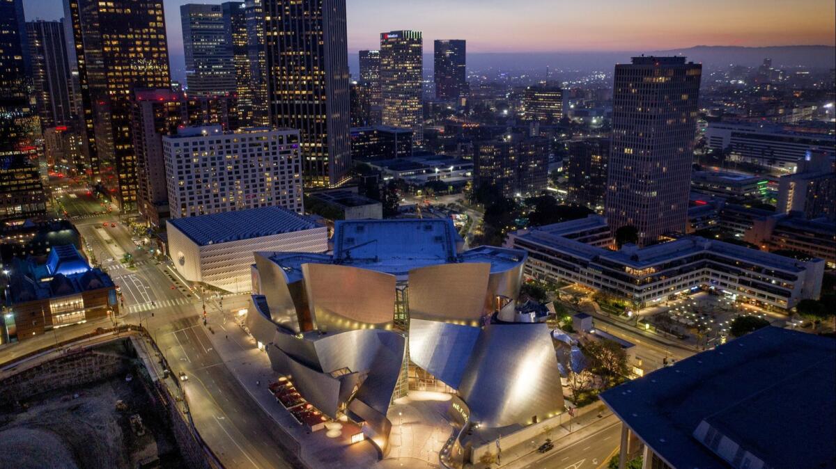 Drone photography puts the Walt Disney Concert Hall and the Broad museum in focus.