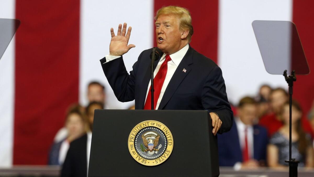 President Trump speaks at a campaign rally in Fargo, N.D.