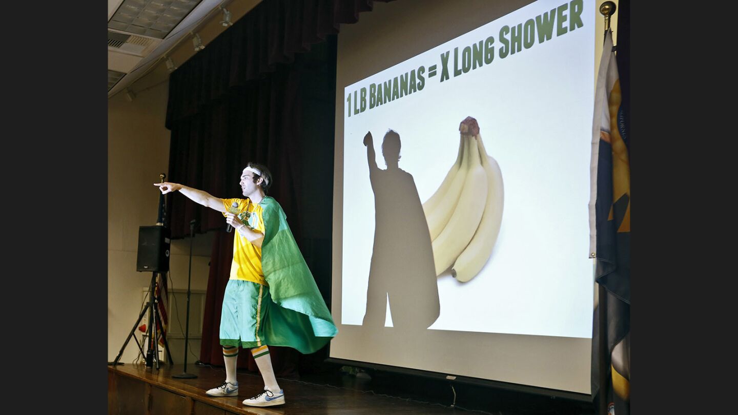 Walt Disney Elementary in Burbank held an assembly with the Eco rapper to teach students about the environment on Tuesday. The rapper, who has visited five countries and hundreds of schools teaching about the environment, sang and danced alongside students and teachers.