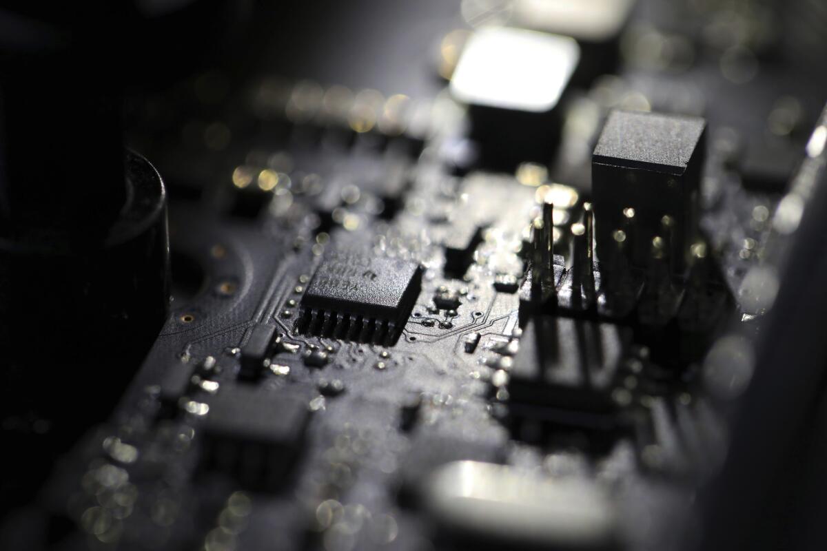 Closeup of a computer motherboard.