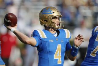 Pasadena, CA - September 14: UCLA quarterback Ethan Garbers, #4, passes the ball against Indiana.