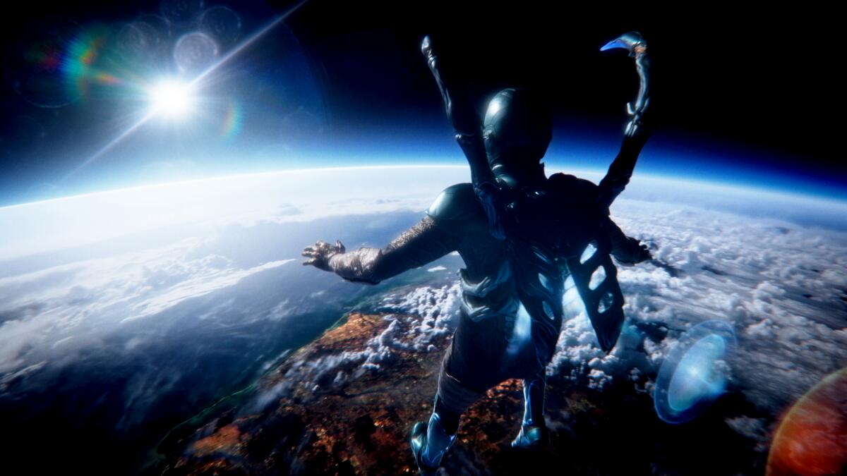A superhero floats high above Earth