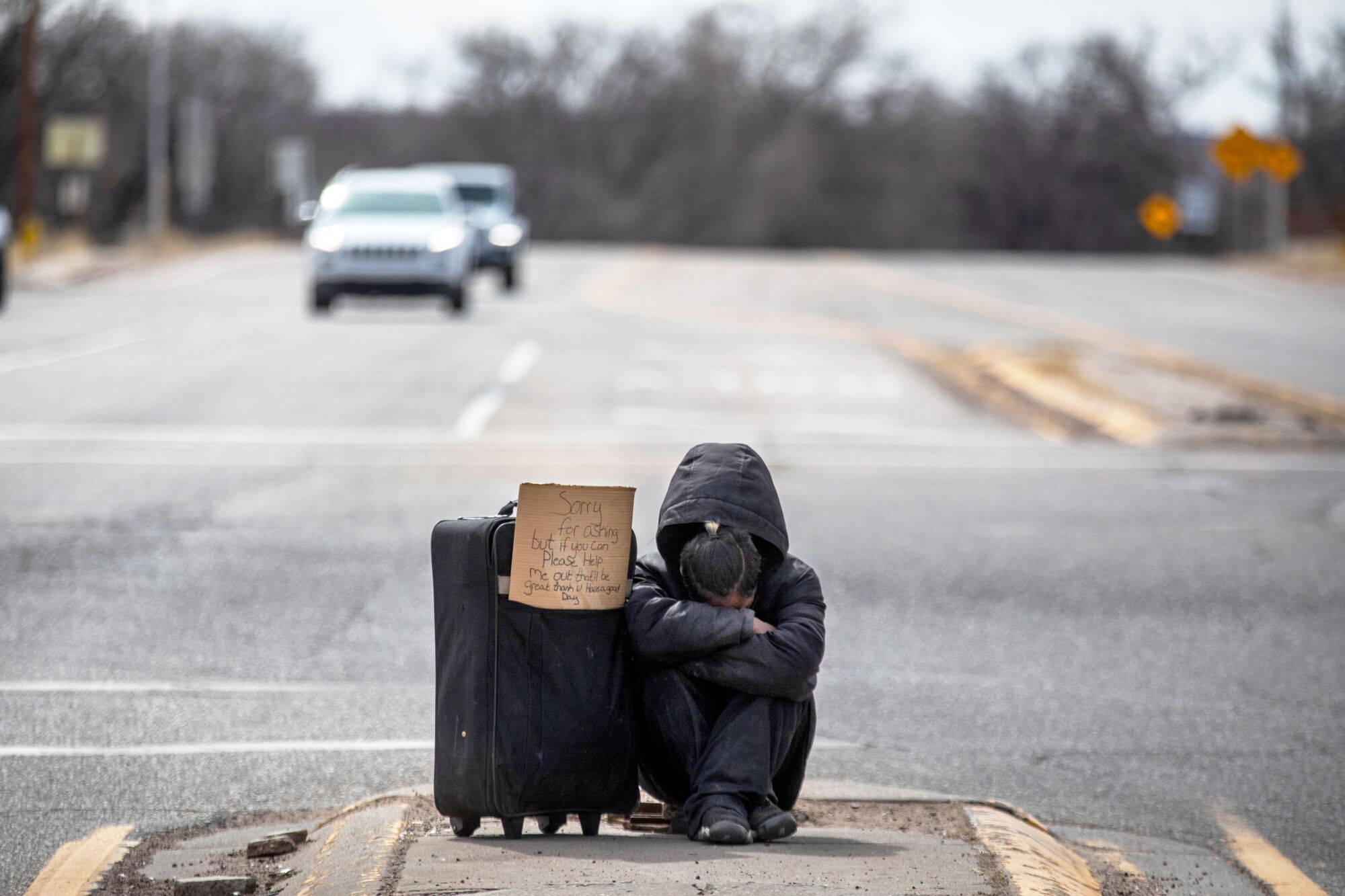 A person sits on the median of the roadway next to a suitcase with a cardboard sign.