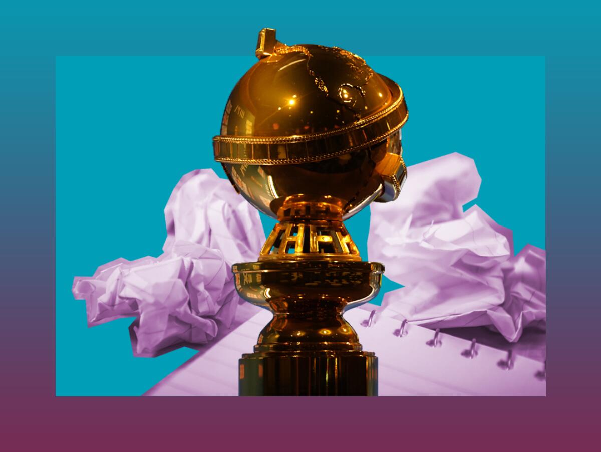 A Golden Globe statue with a notepad and crumpled paper in the background
