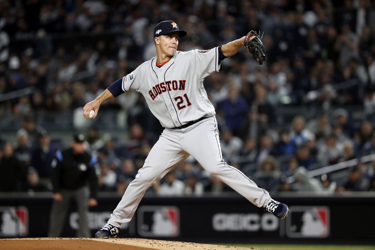Houston Astros starting pitcher Zack Greinke delivers against the New York Yankees.