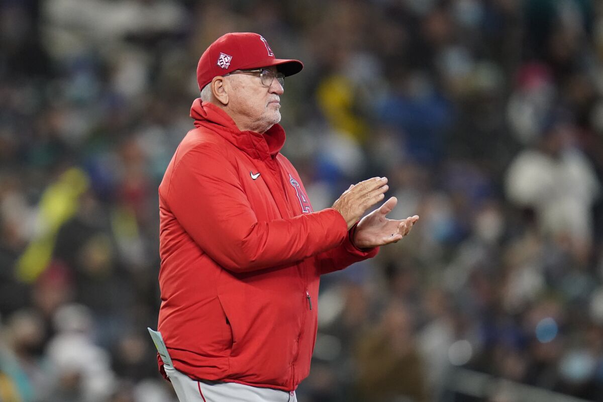 Angels manager Joe Maddon heads to the mound to relieve a pitcher against the Seattle Mariners in October.