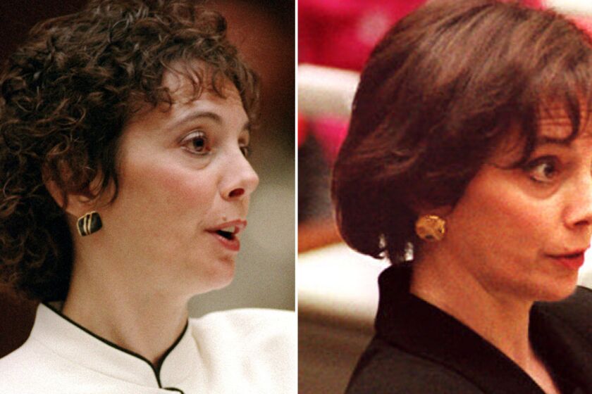 Marcia Clark in 1994, left, and with a new hairstyle in 1995.