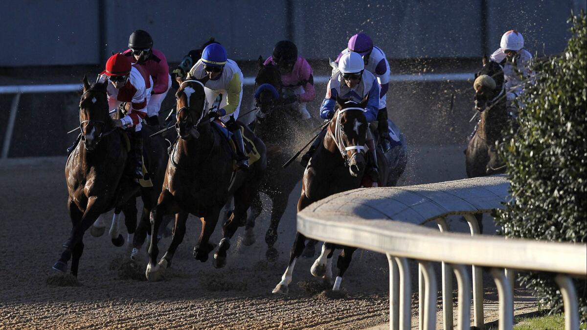 Omaha Beach, far left, with jockey Mike Smith, runs in the Rebel Stakes at Oaklawn Park in Hot Springs, Ark., on March 16.