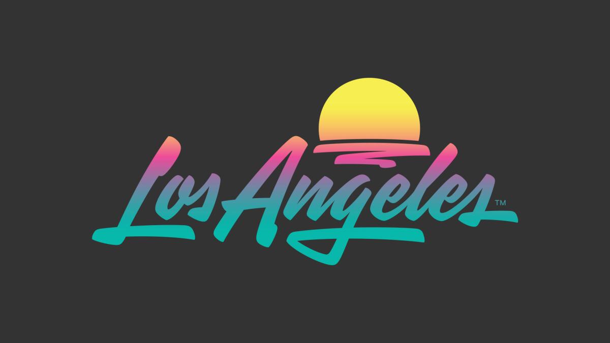 A logo that reads "Los Angeles" in turquoise, pink and orange also features a setting sun.
