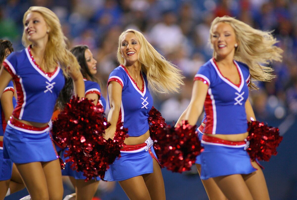 Five former Buffalo Jills cheerleaders have filed a wage theft lawsuit against the Buffalo Bills, echoing two other lawsuits filed against the Oakland Raiders and the Cincinnati Bengals this year. Here, Jills dance at Ralph Wilson Stadium in Orchard Park, New York on Aug. 9, 2012.