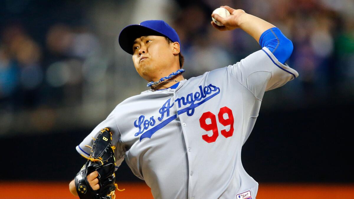 Dodgers starter Hyun-Jin Ryu delivers a pitch during the third inning of Wednesday's 4-3 win over the New York Mets.