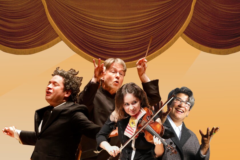 Photo illustration of Gustavo Dudamel, Esa-Pekka Salonen, Patricia Kopatchinskaja and Kristy Edmunds