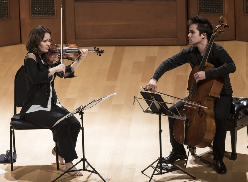 Violinist Patricia Kopatchinskaja and cellist Jay Campbell in recital Saturday night at Hahn Hall in Montecito.