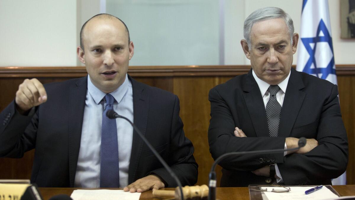Israeli Prime Minister Benjamin Netanyahu, right, with Education Minister Naftali Bennett during a Cabinet meeting in Jerusalem in 2016.