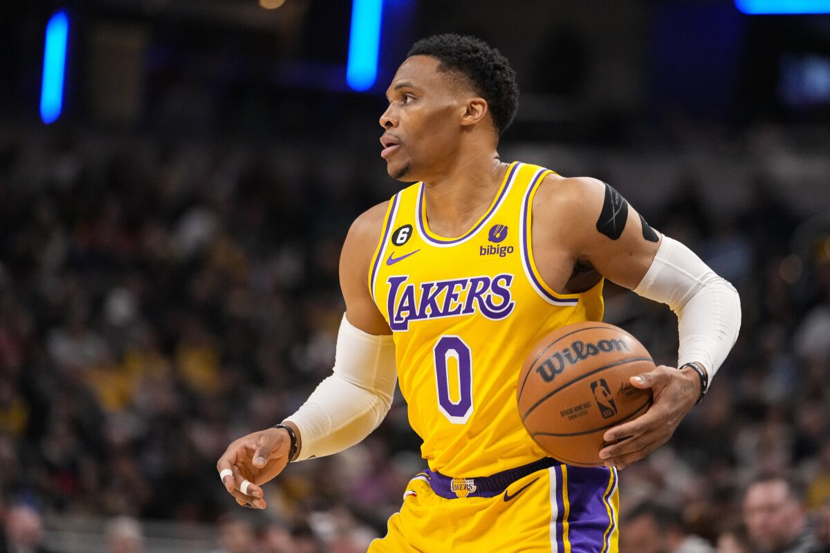 Lakers guard Russell Westbrook controls the ball against the Indiana Pacers on Thursday. 