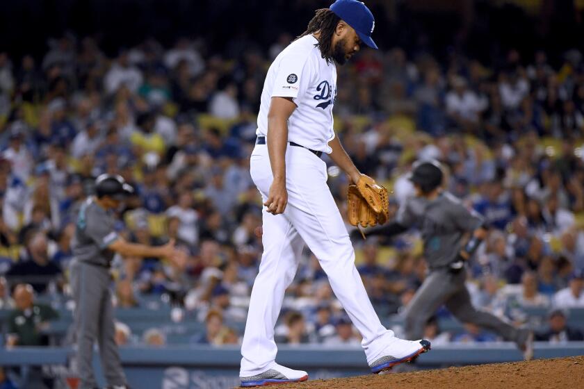 LOS ANGELES, CALIFORNIA - AUGUST 09: Kenley Jansen #74 of the Los Angeles Dodgers reacts to a two run homerun from Carson Kelly #18 of the Arizona Diamondbacks, to tie the game 2-2, during the ninth inning at Dodger Stadium on August 09, 2019 in Los Angeles, California. (Photo by Harry How/Getty Images) ** OUTS - ELSENT, FPG, CM - OUTS * NM, PH, VA if sourced by CT, LA or MoD **