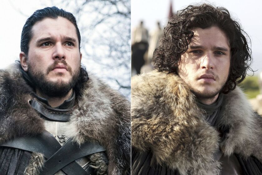 This combination photo of images released by HBO show Kit Harington portraying Jon snow in "Game of Thrones." The final season of the popular series premieres on April 14. (HBO via AP)