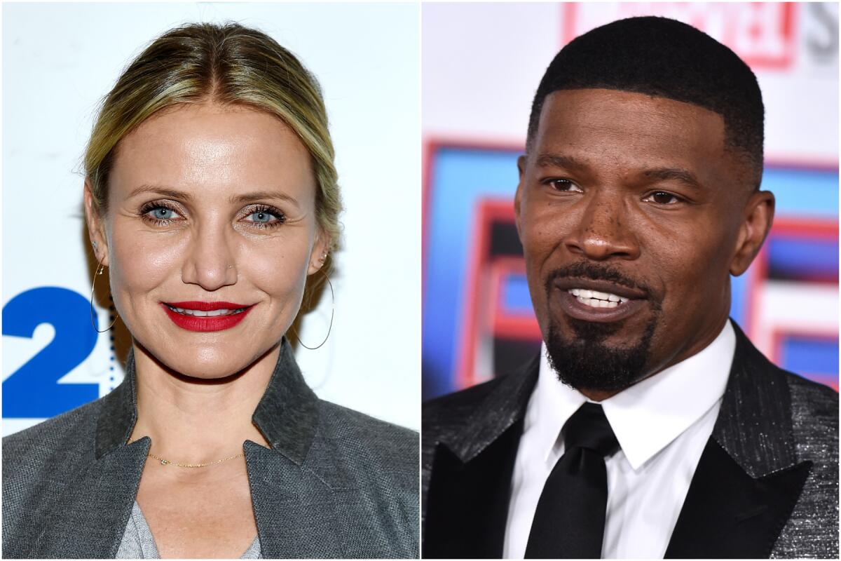 Two photos: Cameron Diaz wears a gray jacket, and Jamie Foxx wears a black-and-gray suit.